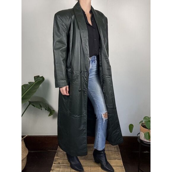 Vintage Leather Trench by Fitz Wright, Dark Green Longline 90s Matrix Style Coat - Picture 1 of 15